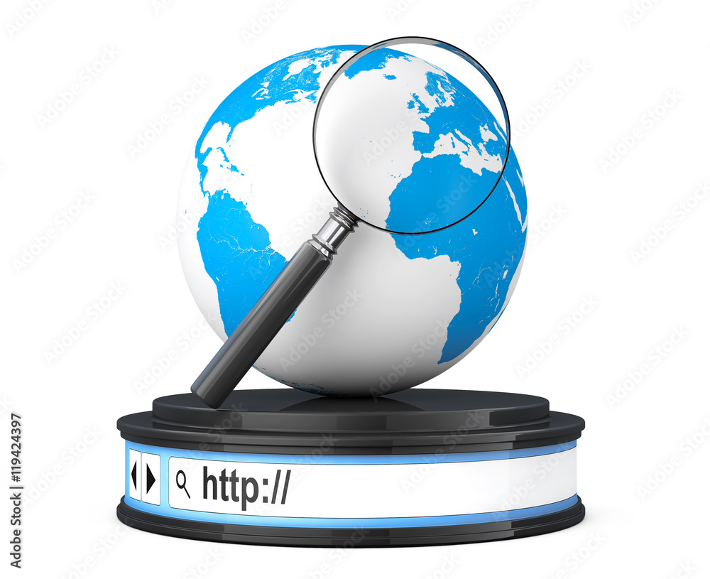 Poster earth globe with magnifier over browser address bar as round pla