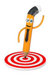 Cartoon Pencil Pointed to Center of Target. 3d Rendering