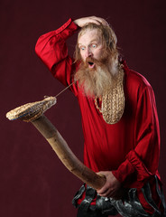 a man in a red shirt