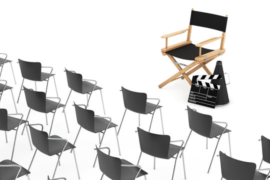 Office Chairs in front of Cinema Director Chair, Movie Clapper a