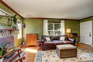 Green walls living room with stone fireplace and leather couch