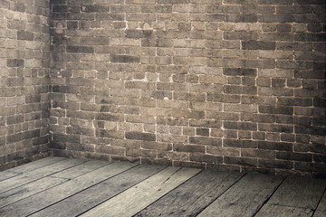 Empty brick wall and wood plank floor  interior in perspective v