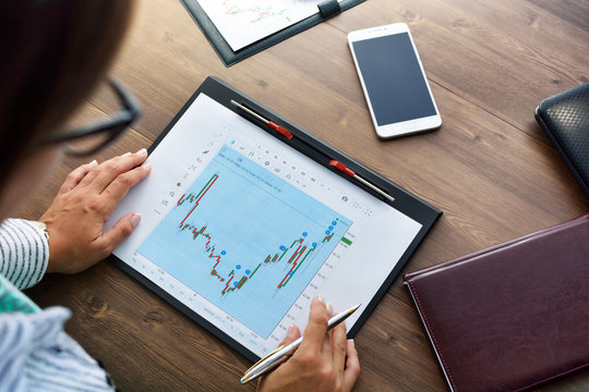 Business analysis - magnifying glass, sheet, graphs (business report) and analyst hand, top view