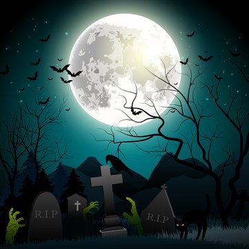 Halloween background  with zombie hands, graveyard, bats on the full moon