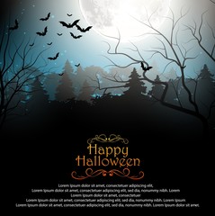 Halloween background with creepy forest with bats on full moon