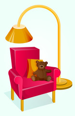 Details of interior: pink armchair with teddy bear and yellow pillow and lamp