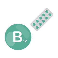 Vitamin B12 B 12 with blister of pills tablets capsules. Green circle. Isolated icon. Vector illustration