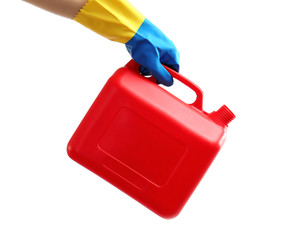 Hand holding jerrycan isolated on white