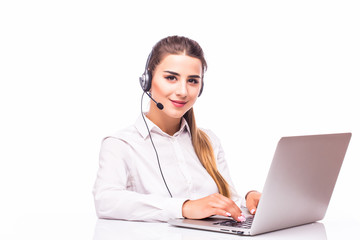 Young and smiling operator isolated over white background