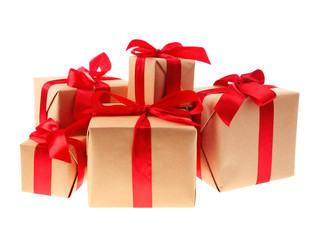 Gift boxes with red ribbon isolated on white
