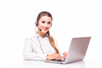 Young and smiling operator isolated over white background