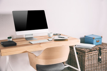 Working place on white wall background