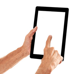 Old man holding tablet on a white background