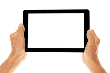 Old man holding tablet on a white background