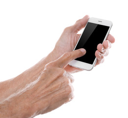 Old man holding smartphone on a white background