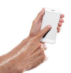 Old man holding smartphone on a white background