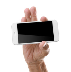 Old man holding smartphone on a white background