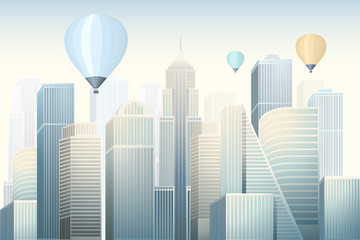 Modern skyscrapers with flying balloons in big city at the morning