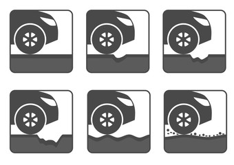 Vector icon set of bad road. Different dangers and troubles on the way: hole, crack, waves or pit on asphalt, stones. Isolated, black and white.