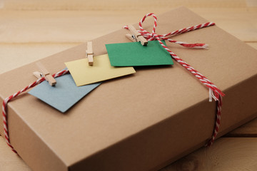 handmade of box gift on wooden desk in warm tone