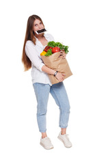 Busy woman hold bag with healthy food, grocery buyer isolated