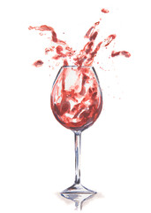 Watercolor wine splash. Splash in wine glasses. Beautiful glasses for decoration menu in restaurant or cafe. Alcoholic beverage.
