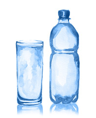 Naklejka premium Watercolor water bottle and glass. Fresh healthy beverage. White background. Full glass of water.