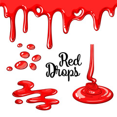 Set of red drops and blots, cartoon style vector illustration isolated on white background. red dropping and flowing, yummy cake decoration elements