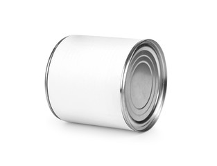 Metal can for preserved food on white background 