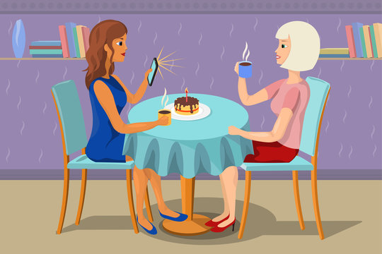 Two young women celebrating birthday in a cafe with a cake with a candle and a cup of tea