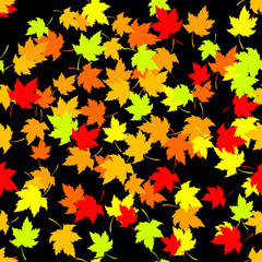 Seamless pattern with red and yellow autumn leaves on black background. Vector illustration.