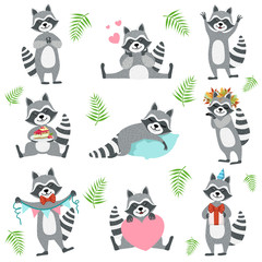 Cute Raccoon Character In Different Situations Set
