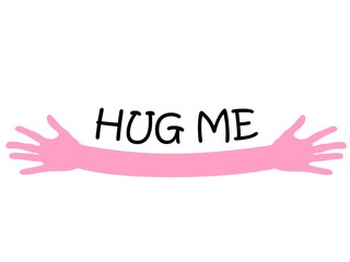 Hug me written above pink open arms hands, vector