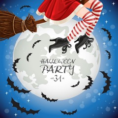 Witch flying on a broomstick banner with full moon