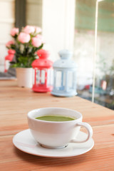 green tea on wooden in tea & coffee shop