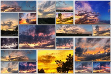 Dramatic sunset like fire in the sky with golden clouds collage