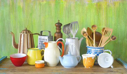 varoius vintage kitchen utensils and tableware, cooking concept