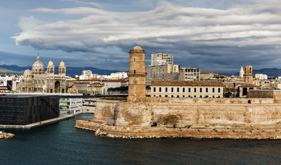 View of the old port and Fort Saint Jean in Marseille, France