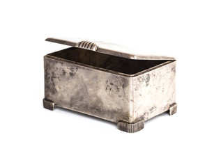 Old silver metallic retro casket over white background