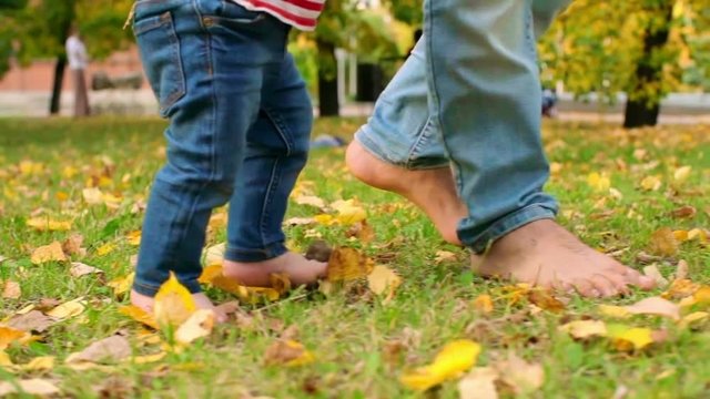 Slow motion low section tracking of bare feet of father and little baby walking on grass and fallen leaves in park on sunny early autumn day