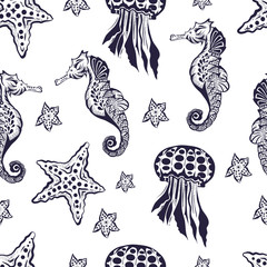 Seamless Marine theme black background. Endless pattern with seahorse, jellyfish and starfish