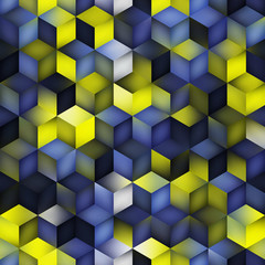 Vector Seamless Multicolor Blue Yellow Gradient Cube Shape Rhombus Grid Geometric Pattern
