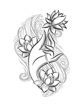 Buddha hand holding a lotus as a symbol of purity, spirituality and enlightenment. Hand drawn vector isolated tattoo