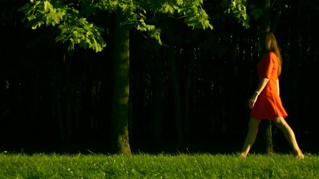 Beautiful brunette girl in red dress walking on the grass in the park from right to left, profile view. Slow motion video