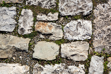 Old cobblestone pavement with moss growing between stones