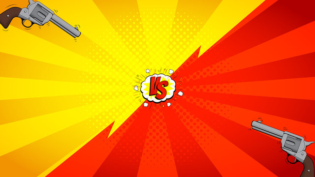 Versus letters fight backdrop. Vector illustration with guns. Decorative background with bomb explosive in pop art style.