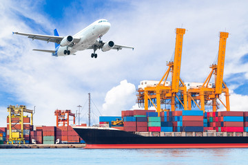 Container cargo freight ship with cargo freight plane 