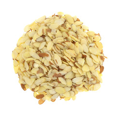 Large portion of sliced almonds on a white background.