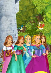 Obraz na płótnie Canvas Cartoon scene of many young girls in traditional clothing - medieval times - beautiful manga girls - with coloring page - illustration for children