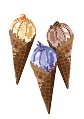 Vector Ice cream delicious cones Isolated on white background. Caramel chocolate and lavender ice cream